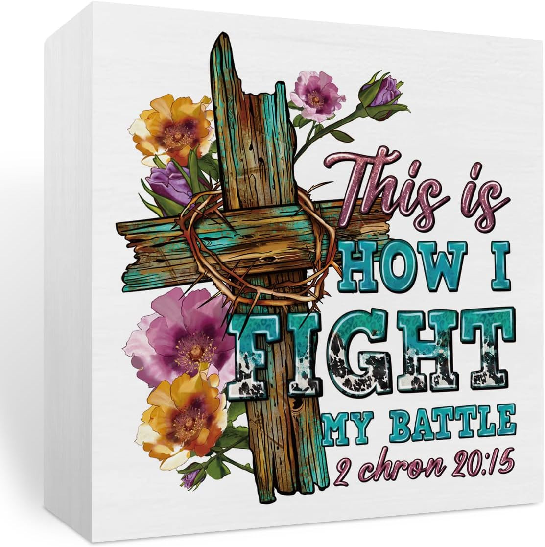 Motivational Bible Verse Wooden Box Sign for Home and Office Decor 5x5 Inch