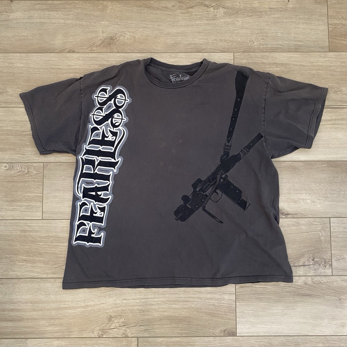 Vintage Y2K Fearless Mac-10 Gun T-Shirt Mens Size 2X Dark Gray 