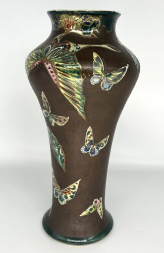 Antique Kyo-Yaki Japanese Pottery Vase Cocoa Brown with Hand Painted Butterflies