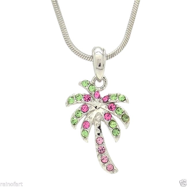 Swarovski Crystal Pink Palm Tree Hawaii Tropical Necklace Pendant