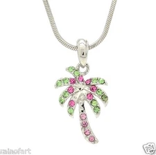 W Swarovski Crystal Crystal Palm Tree Hawaii Pink Tropical Pendant 18" Chain