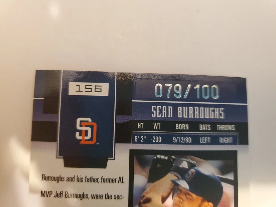 Sean Burroughs 2003 Leaf Certified Materials #156 Mirror Red Card #’D 079/100 - Image 3 of 4