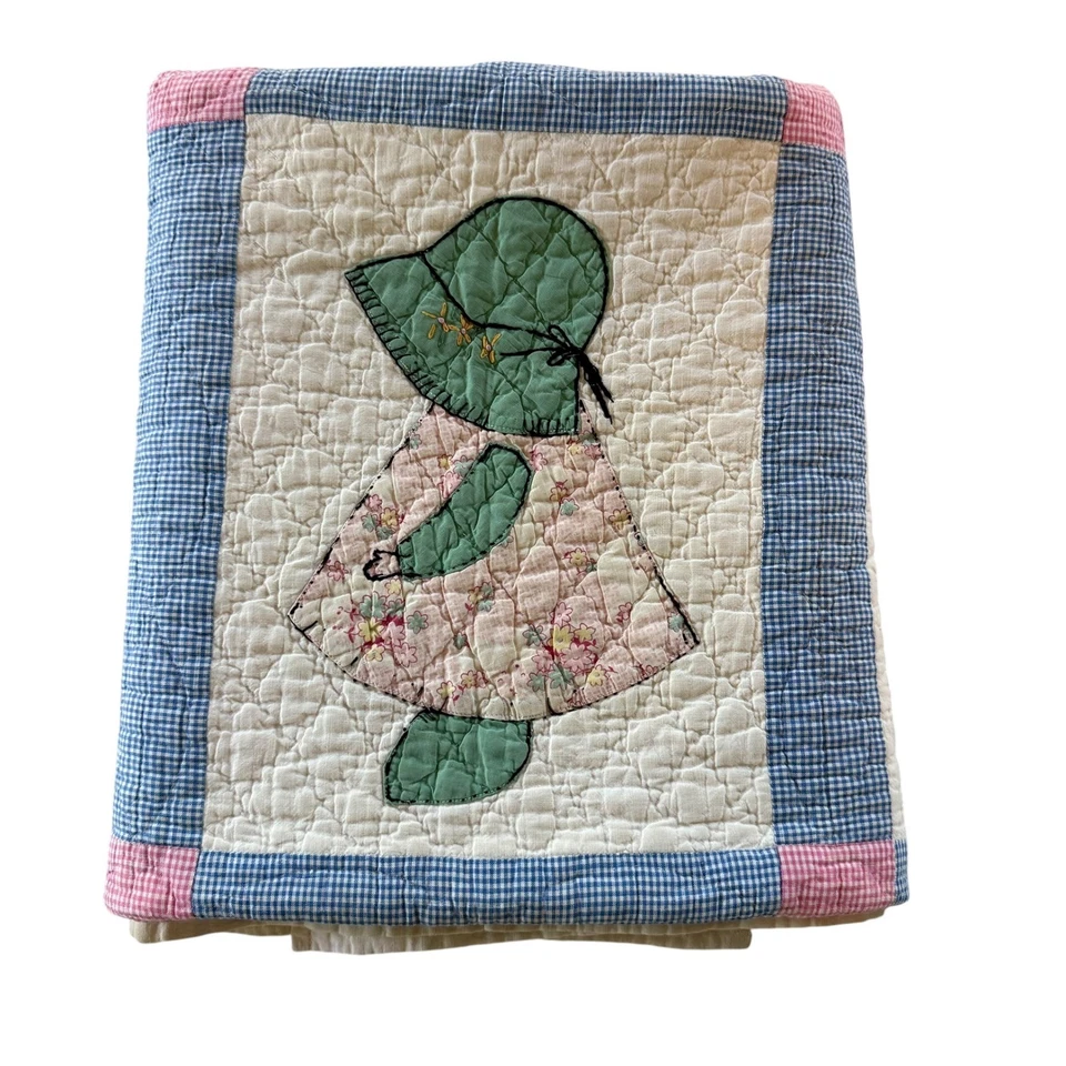 Edredón Vintage Hecho a Mano Sunbonnet Sue Apliques Niñas Sombreros Vestidos Multicolor Años 50 Foto 3 de 4