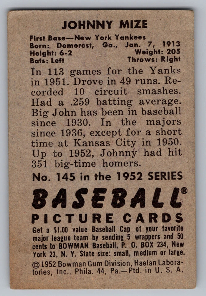 1952 BOWMAN #145 JOHNNY MIZE YANKEES - Image 2 of 3