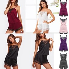 Ladies Women Satin Silk Lace Cami Vest Shorts Lingerie Pyjamas Set Pj Sleepwear