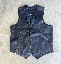 Mens Black Biker Leather Vest Size 40 V-Neck Button Front Lined Vintage Top