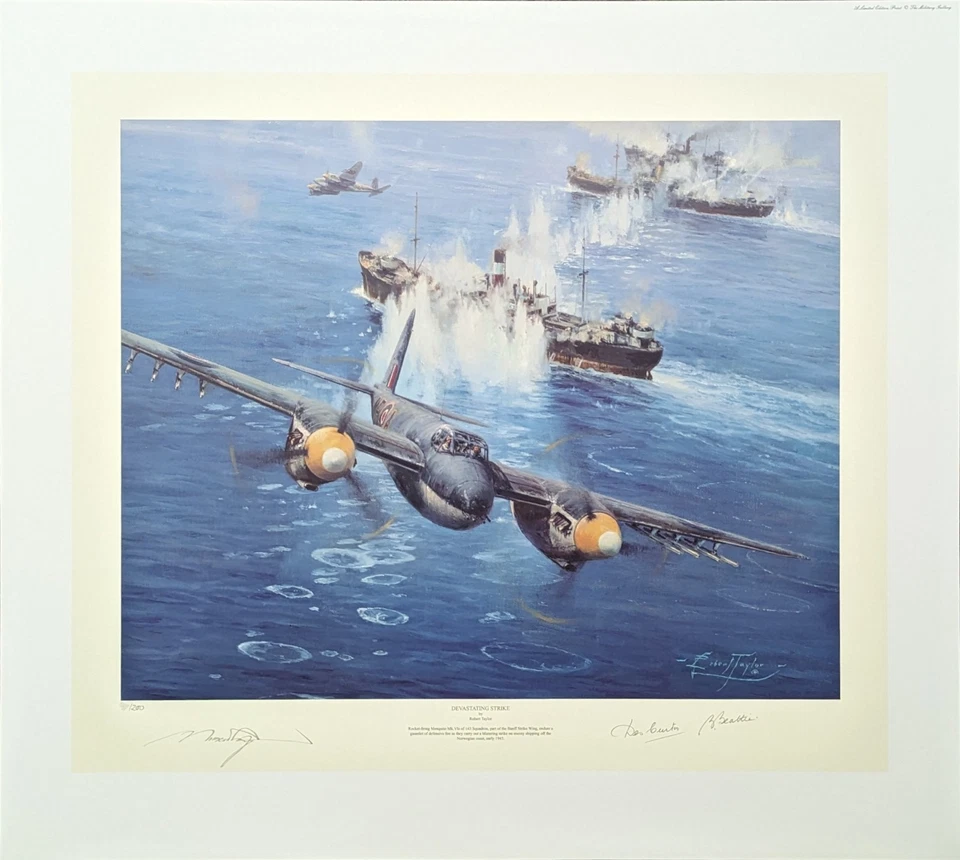 Devastating Strike by Robert Taylor aviation art signed by 2 Mosquito Pilots - Image 2 of 2