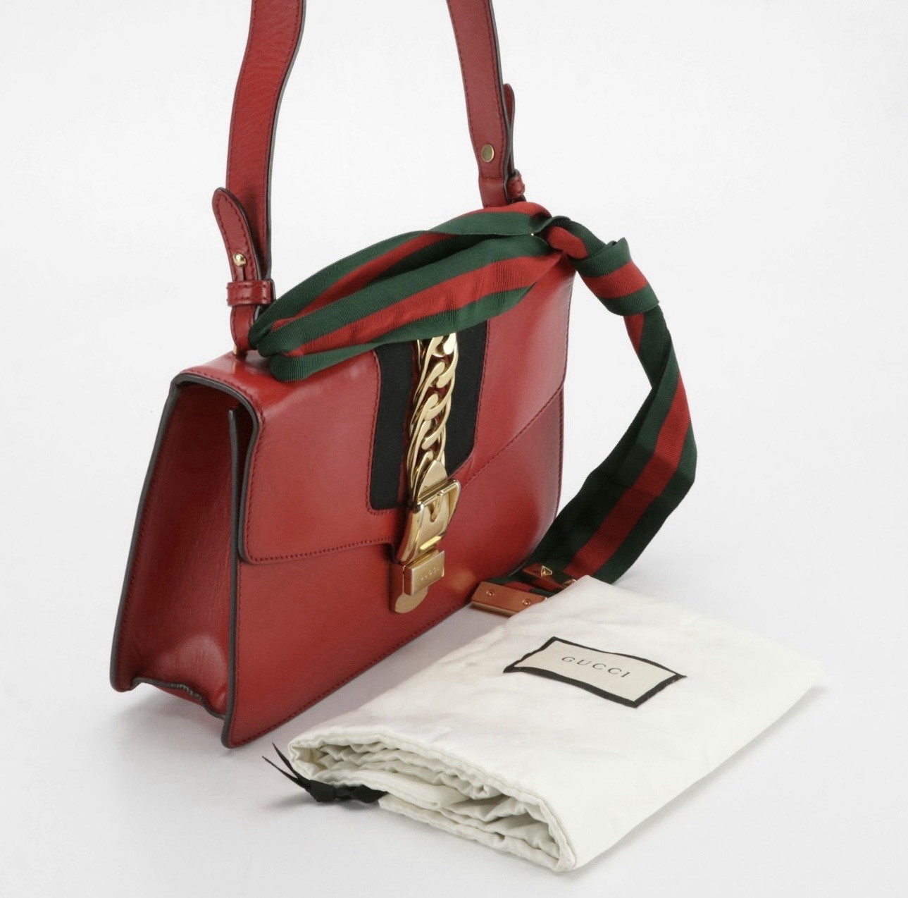 Gucci Sylvie Shoulder Bag Medium Red Striped Calfskin Leather Gold Chain
