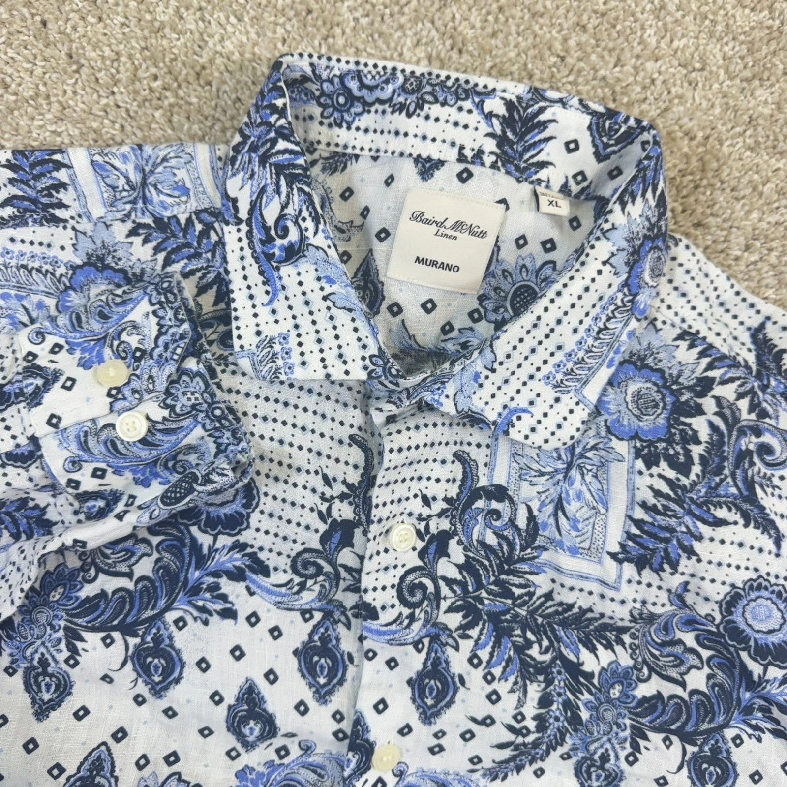 Murano Button Front Shirt Mens XL White Blue Baird McNutt Linen Paisley Floral
Opens in a new window