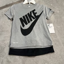 Nike Dri-Fit Big Swoosh Outfit Set Youth 6 Grey Black Shirt Shorts Boys Set NEW