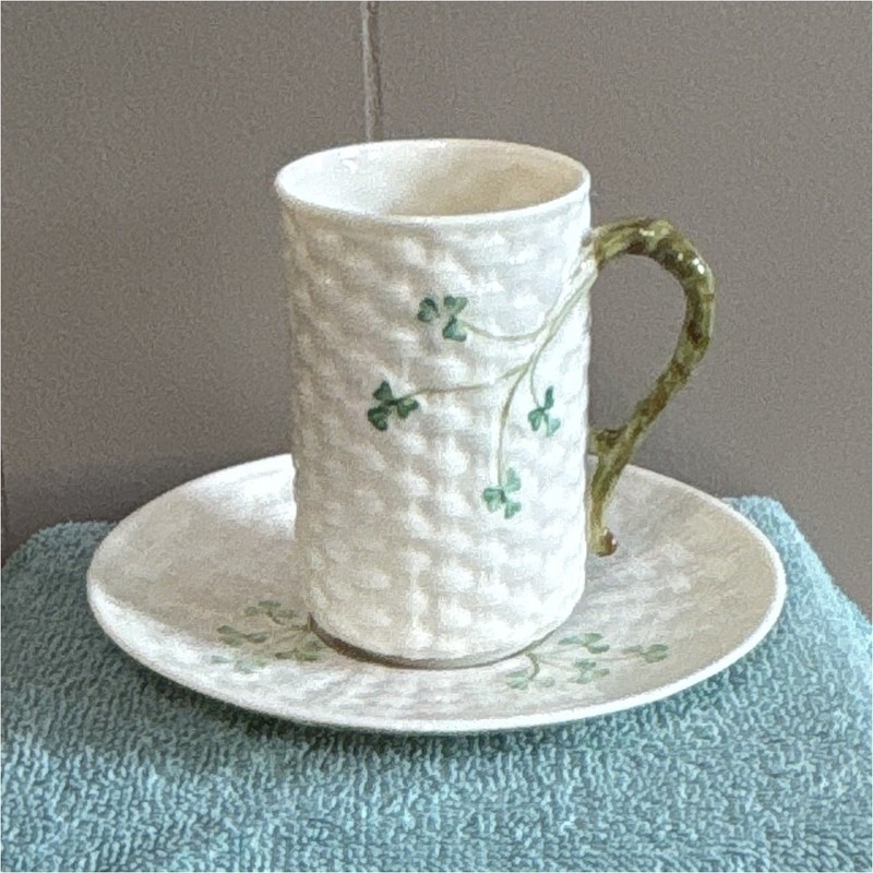 Vintage Belleek Ireland Porcelain Shamrock Basketweave Cup & Saucer 2-Piece Set