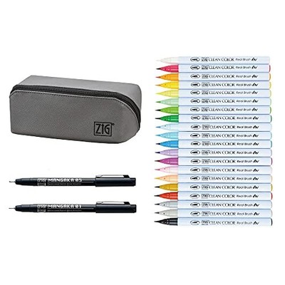 Kuretake ZIG Clean Color Real Brush 20 Farben + MANGAKA Stifte 2 mit Etui Japan