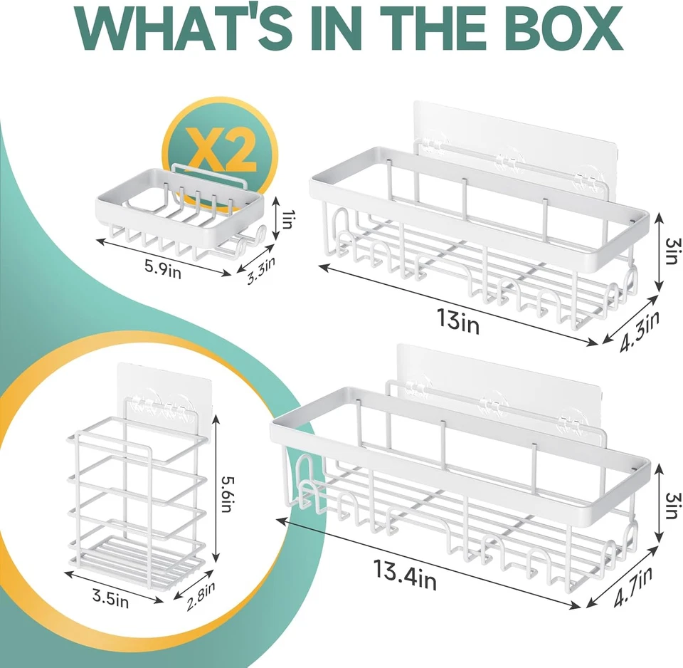 Adhesive Shower Caddy 5-Pack,Heavy Weight Bearing,Large Wall Mounted Shower Shel - Image 3 of 4