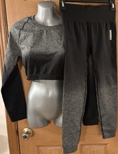 GYMSHARK Ombre Grey Long Sleeve Crop Top And Leggings Set Sz L/XL