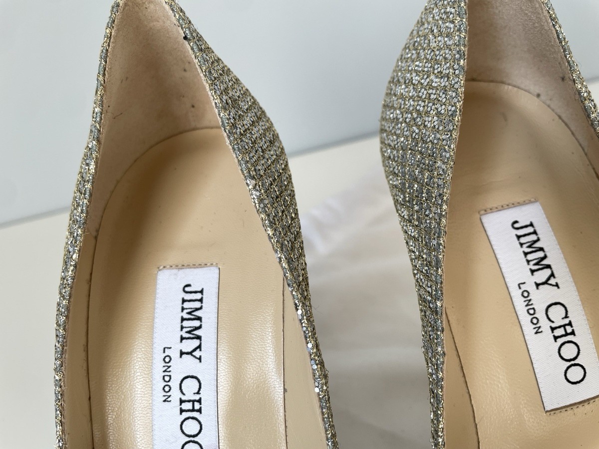 Jimmy Choo 100mm Abel Glitter Pointed Toe Pumps Heels Gold/Silver 