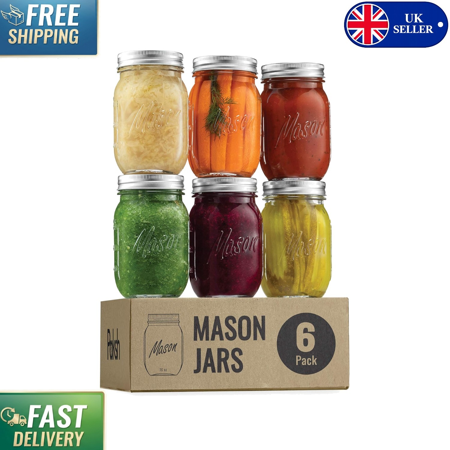 Pack of 6  Glass Mason Jars - 474ml Capacity & Leak-Resistant Design