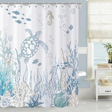 Nautical Coastal Shower Curtain, Ocean Beach Themed Teal Blue Sea Turtle Underwa