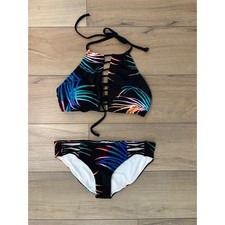 PINK Victoria's Secret Mini Bikini Set Women Medium Black Tropical Ladder Cutout