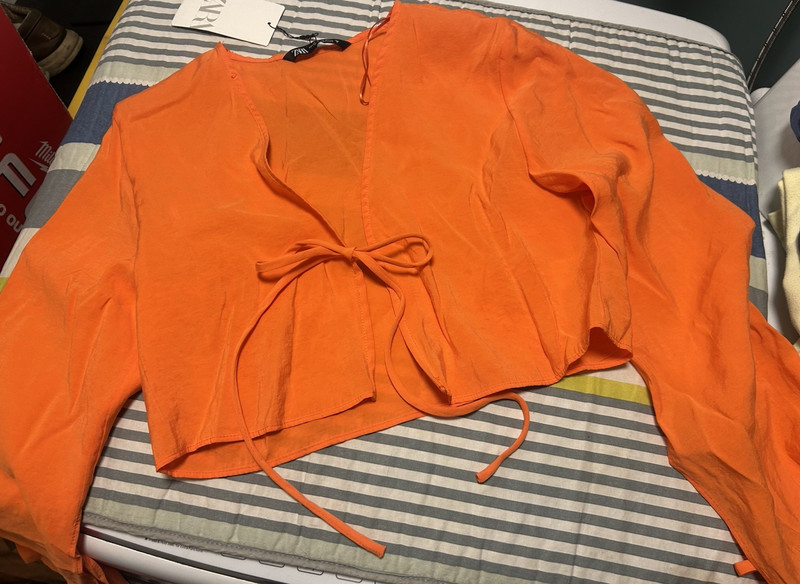 Zara Orange Satin Polyester Tie-Front Long Sleeve Women's Blouse Size XS