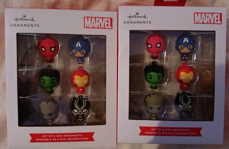 LOT 2 HALLMARK RED/WHITE BOX CHRISTMAS ORNAMENTS: 6-MINI MARVEL HEROS NEW IN BOX