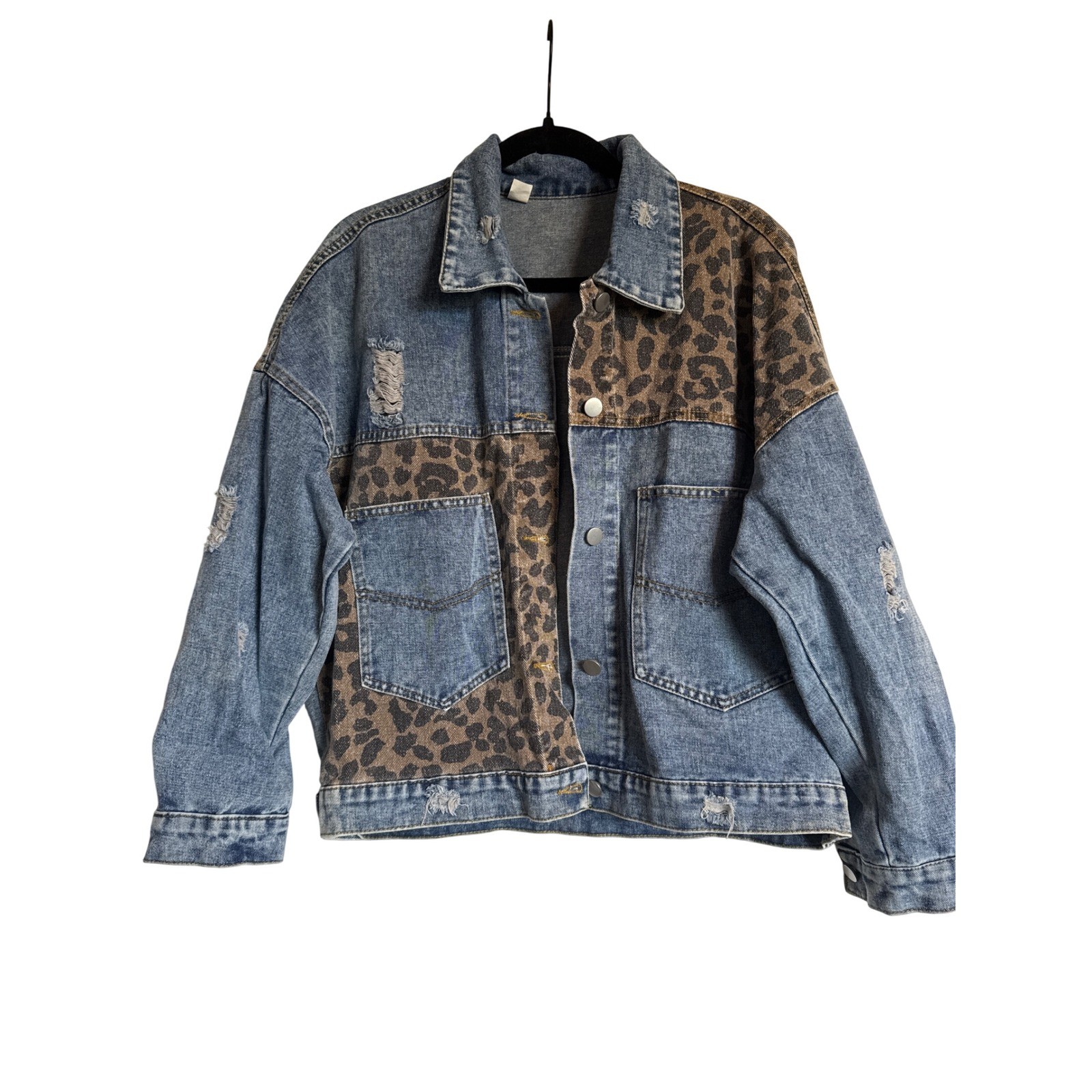 Distressed Denim Jacket Leopard Print Patchwork W… - image 1