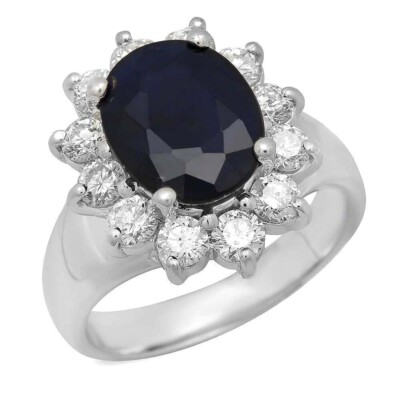 5.30Ct Natural Blue Sapphire & Diamond 14K White Solid Gold Ring