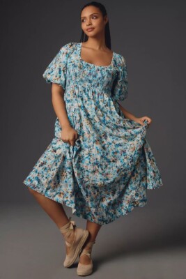 knee length dresses for ladies Rust Tiny Floral Ruffled Mock Neck Babydoll Midi Dress