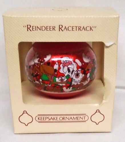 Hallmark Red Glass Teardrop Ornament Reindeer Racetrack 1984 Santa Claus Elves - Picture 1 of 13