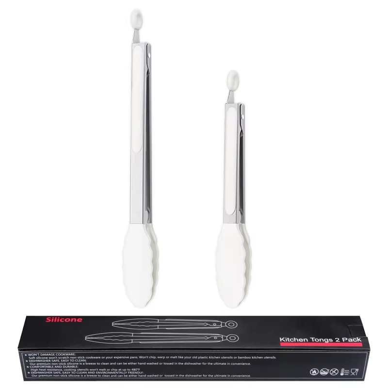 ✅SHIP NOW - Kitchen Food Tongs Silicone Stainless Steel Tongs Set | White 9
