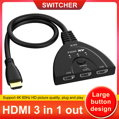 HDTV Switch 3 Port Splitter Cable Switcher 4K 60Hz HUB Adapter for Gameplays PCs