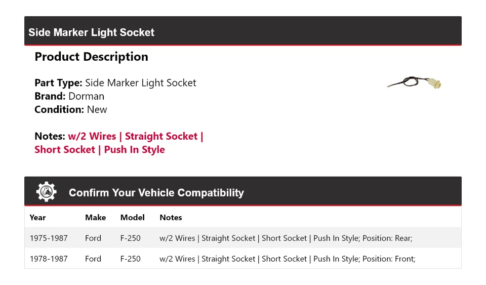 Enchufe de luz de señalización lateral para Ford F-250 Dorman 1975-1987 1976 1977 1978 1979 Foto 2 de 4