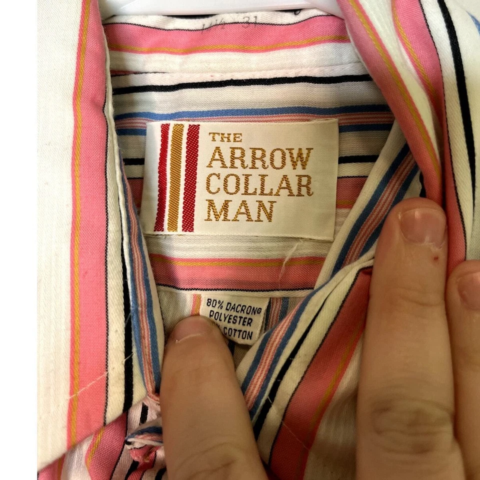 1970s Arrow Collar Man Pink Blue White Stripe Sanforized Disco Dagger Shirt L - Image 2 of 4