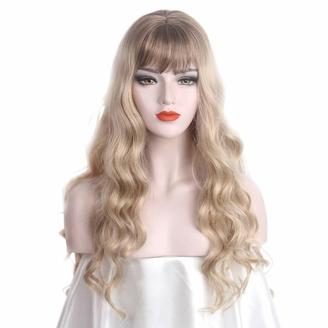 Big Wave Inclined Bang Wig Long Curly Hair Mixed Blonde Auburn