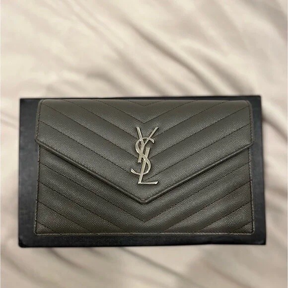 YSL Saint Laurent Grain De Poudre Matelasse Chevron Monogram Chain  