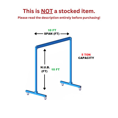 GORBEL FIXED GANTRY CRANE - 5 TON CAPACITY, SPAN 10 FT, HUB 10 FT