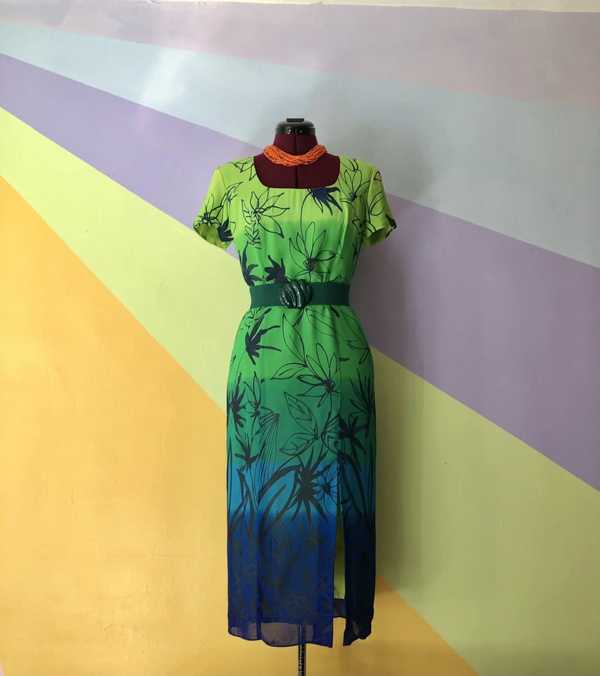 Vintage 90s Tie Dye Blue & Green Hawaiian Floral Party Hot Teacher Maxi Dress - Image 2 of 4