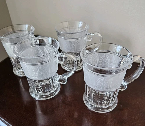 4 Vintage Crystal Clear Athens Glass Coffee Mugs Frosted Acanthus Leaf 
