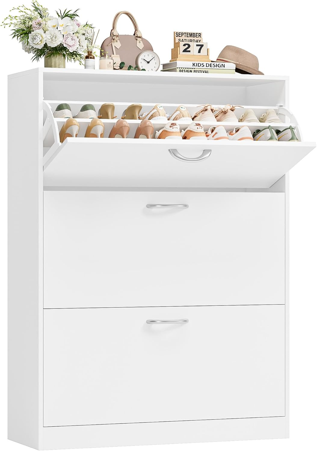 Shoe Cabinet Storage Cupboard 3 Flip Doors Hallway Organiser Slim Freestanding