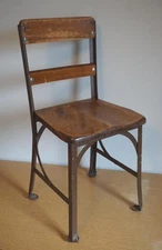 Antique Childs School House Desk Chair Industrial Metal Frame Wood Seat & Back
