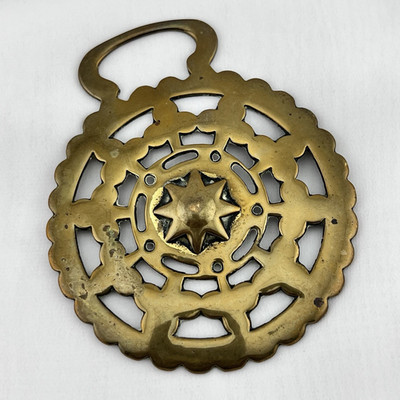 Brass Horse Medallion Antique English Traditional Club Geo Sun Disk Slot Harness