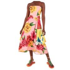 Farm Rio Chita Pink Floral Print Square Neck Tie Back Linen Midi Dress Size XS