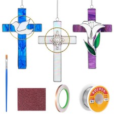 Unfinished Pre-Cut Stained Glass Craft Kit for Adults - 3 Set Cross, Solder Wire