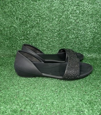 Crocs Womens 9 Embellished Sandals Shoes Lina Flats Dorsay Open Toe Black  Dress | eBay