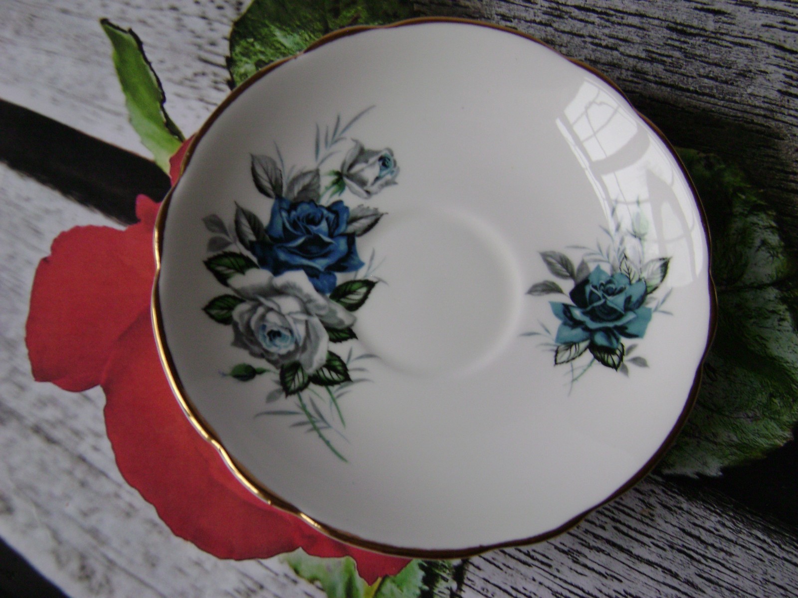 Duchess Blue & White Rose Bone China Tea Cup & Saucers . 1 Saucer Gift. England