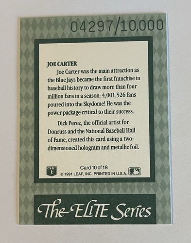 1992 Donruss “The Elite Series”(04297/10000 ) “Joe Carter” #10 of 18 ~ Rare !! - Picture 2 of 2