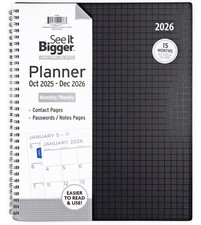 Monthly Weekly Planner Large 9" x 11" Black 15-Month Oct 2025-Dec 2026
