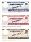 France Series 3 Crédit Lyonnais Traveller-Check Specimens, 100, 200 and 500 F