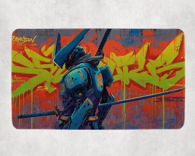 Graffiti Samurai Mech MTG Playmat - Neon Urban Katana Robot Mat