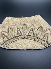 Vintage Ivory Colored Pearl and Beaded Purse With Gold Chain And Satin Lining