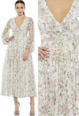 Mac Duggal 93788 White Embellished Floral Print Faux Wrap Dress Size 8 $498